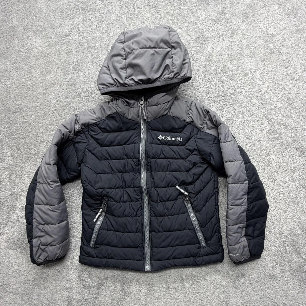 Columbia Jacket Youth 6 Black Gray Hooded Puffer Omni-Heat Insulated Full Zip‎